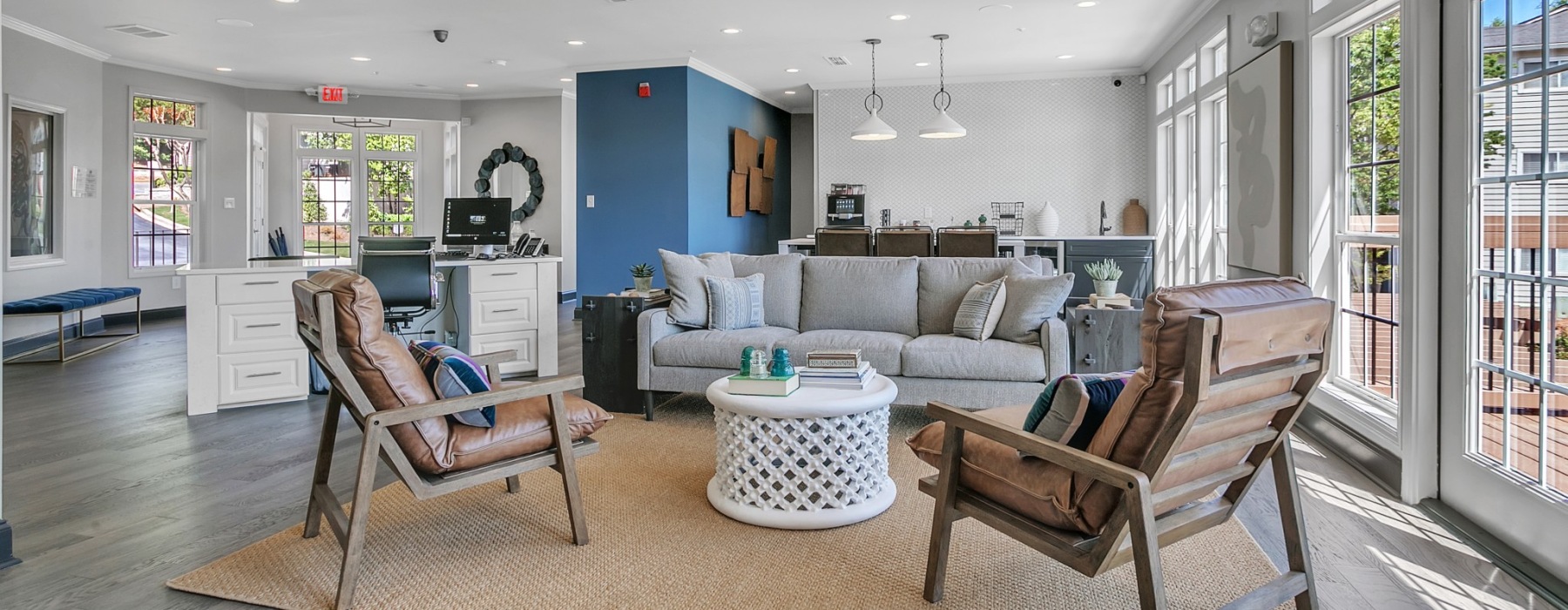 Clubhouse with lounge seating and a kitchen